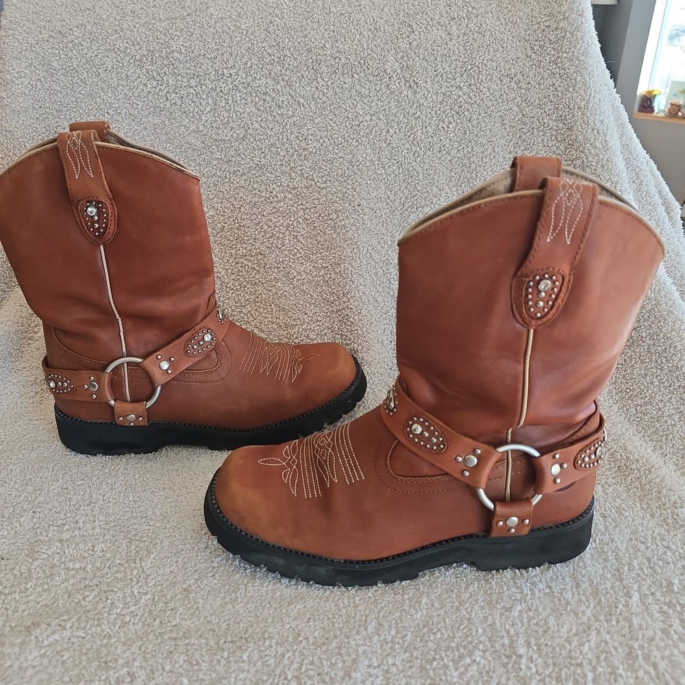 Women's Roper Cowboy Western Boots Brown Size 9 Rhinestone Studded Buckle Accent